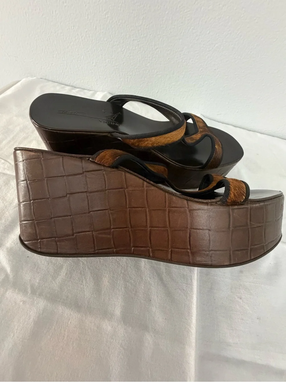 Tapeet Vicini Brown Haircalf Platform Slide Sandals